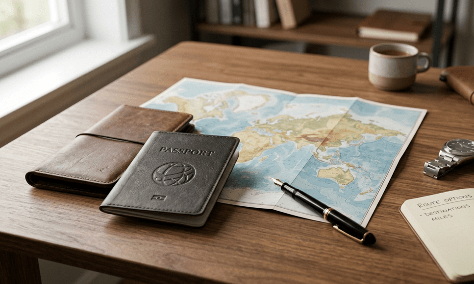 A passport and map laid out for trip planning