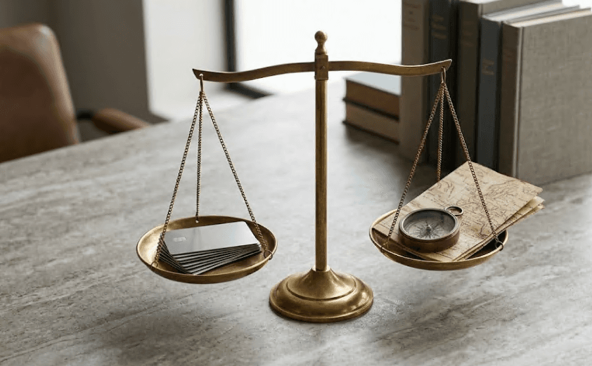 A balance scale weighing two objects against each other.