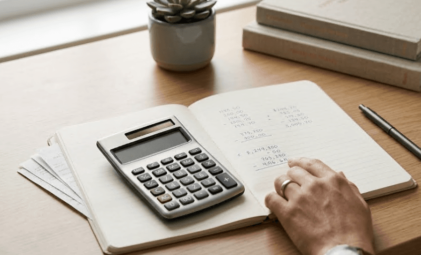 A calculator and notepad on a desk used for working out figures.