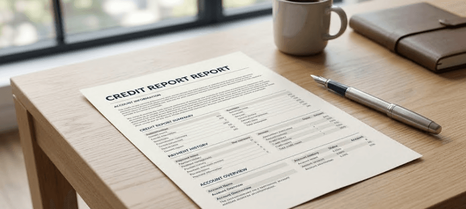 A printed credit report resting on a desk.