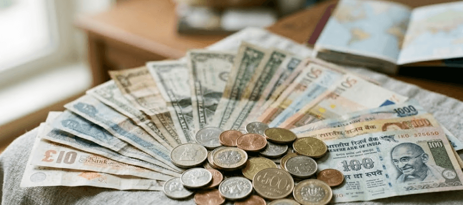 An assortment of international banknotes and coins.