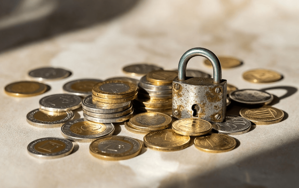Coins and a small lock representing secured savings.
