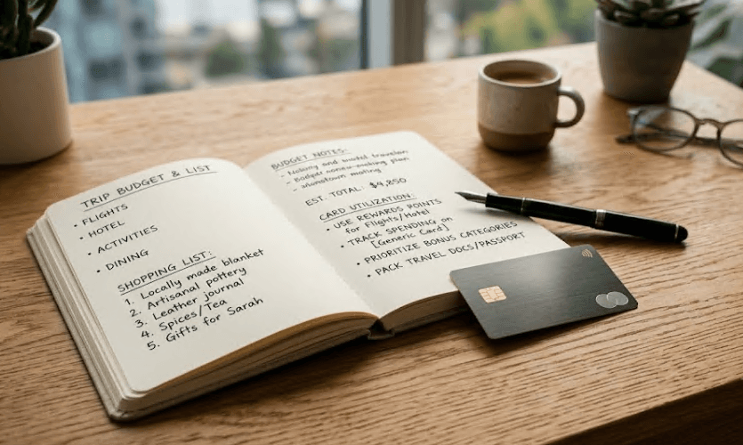 A shopping list and budget notes beside a card.