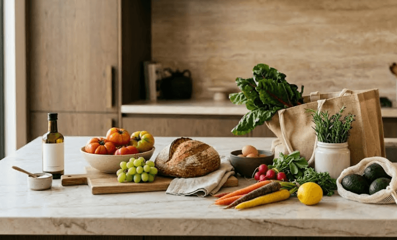 Fresh groceries arranged on a kitchen counter.