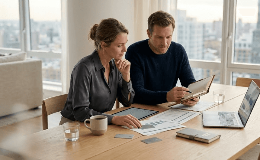Two people reviewing finances together at a table.