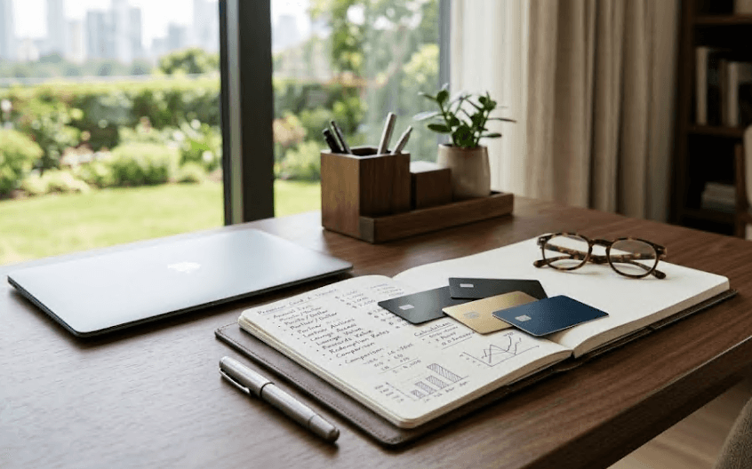 A tidy desk with notes and figures laid out for review.