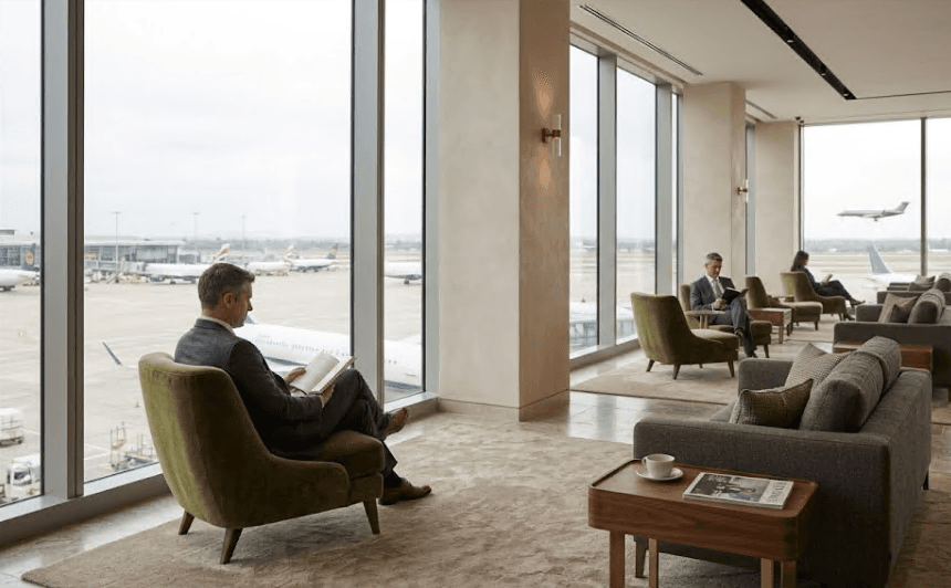 A comfortable seating area in an airport lounge.
