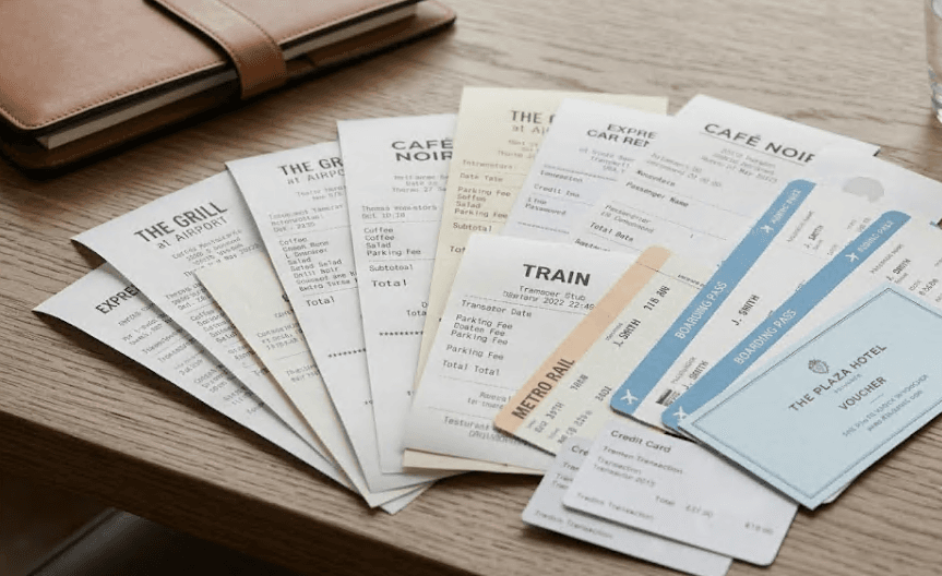A collection of paper receipts and vouchers.