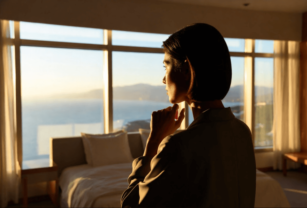 A person pausing in thought before a decision.