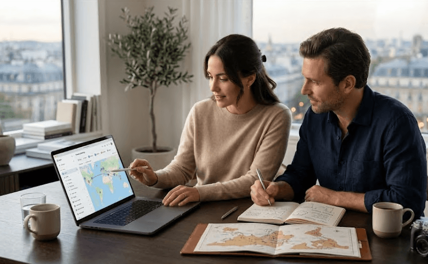 Two people planning a trip together with a laptop and notes.