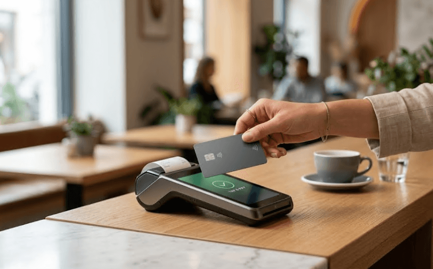 A hand tapping a card on a contactless payment terminal.