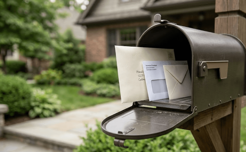 Envelopes resting inside a residential mailbox.