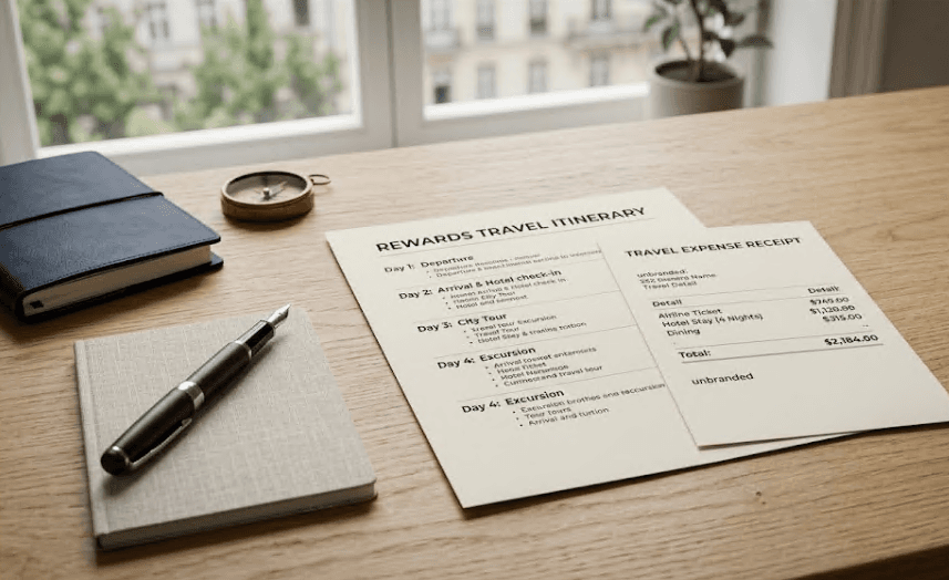 A travel itinerary and receipt resting on a desk.