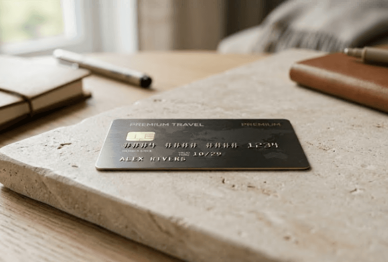 A single card resting on a clean, minimal surface.