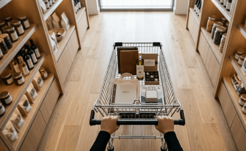 A shopping cart in an aisle, seen from above.