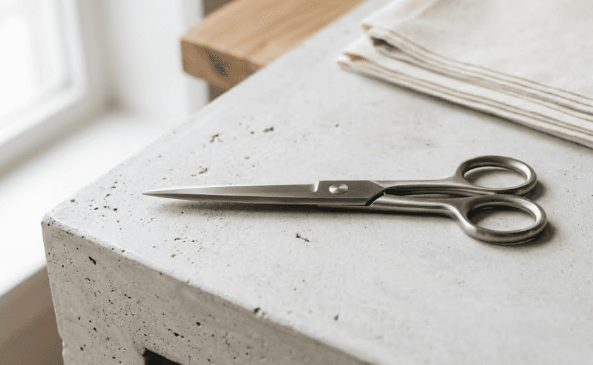 A pair of scissors resting on a plain surface.