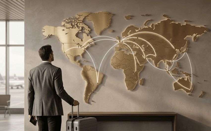 A stylized world map with connecting flight routes.