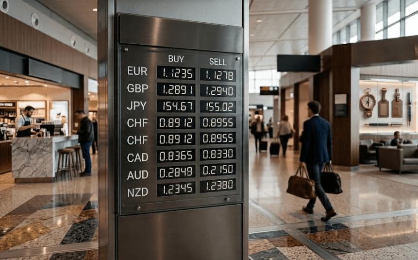 A currency exchange rate board with figures.