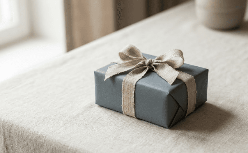A small wrapped gift on a plain surface.