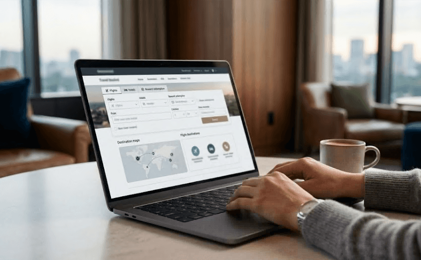 A laptop open to a travel booking screen.