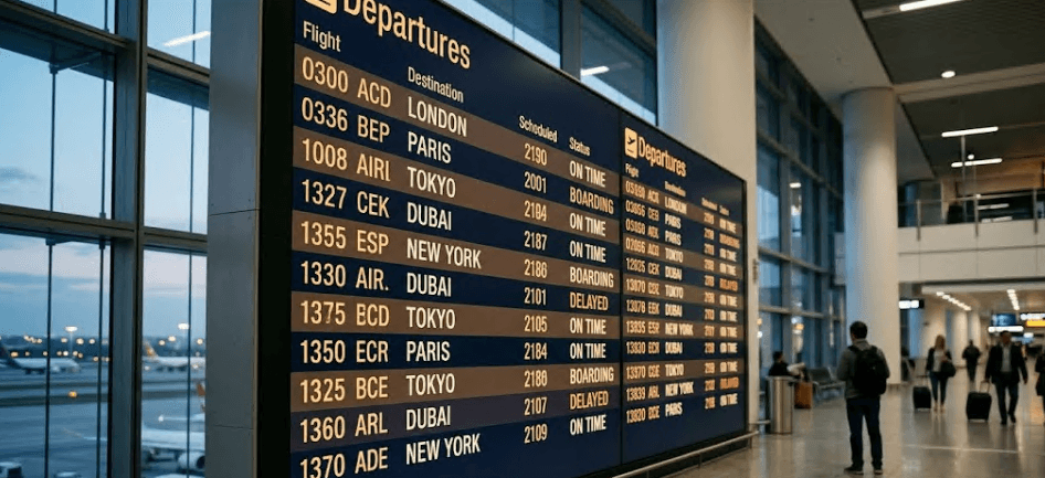 An airport information board displaying flight details.