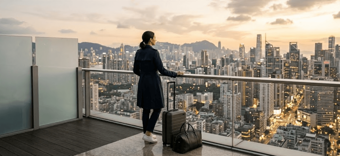 A traveler with luggage looking at a city skyline.