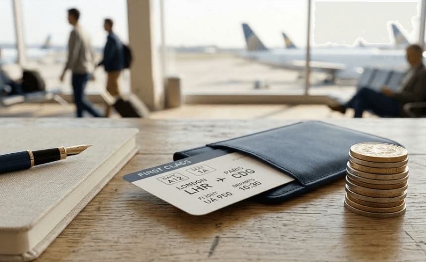 A boarding pass and a small stack of coins.
