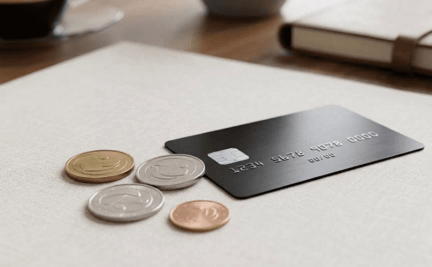 A few coins resting beside a payment card.