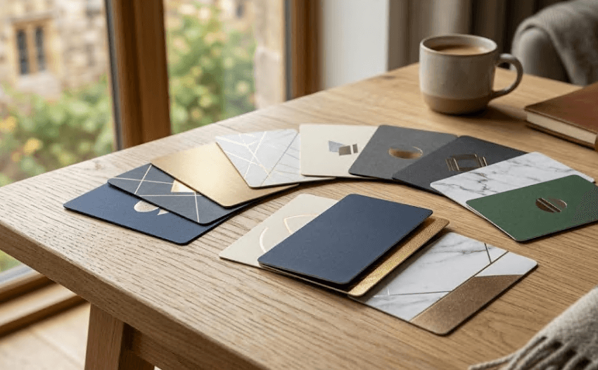 An assortment of gift cards arranged on a surface.
