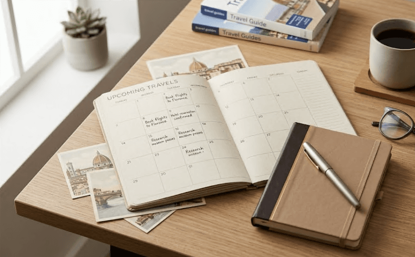A calendar and travel notes arranged on a desk.