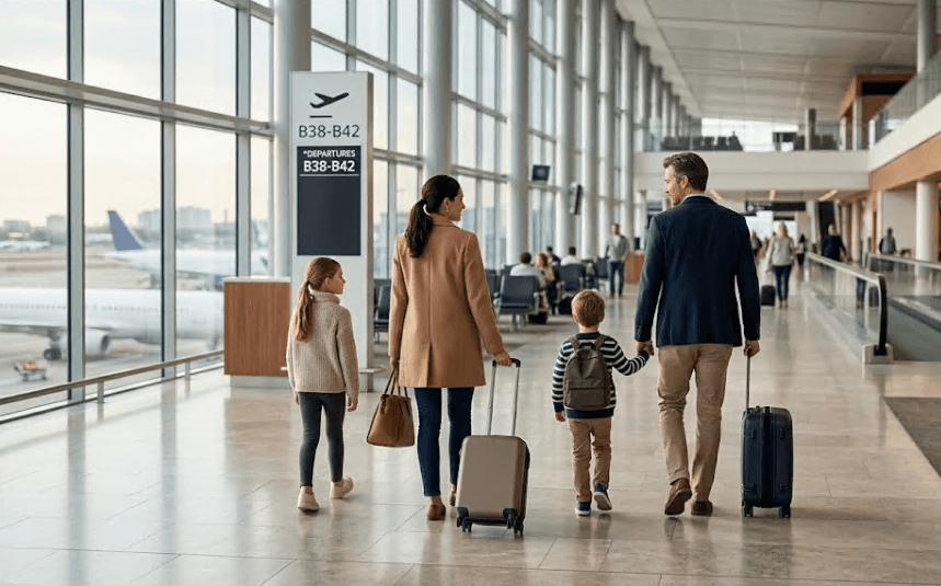 A family walking together through an airport.