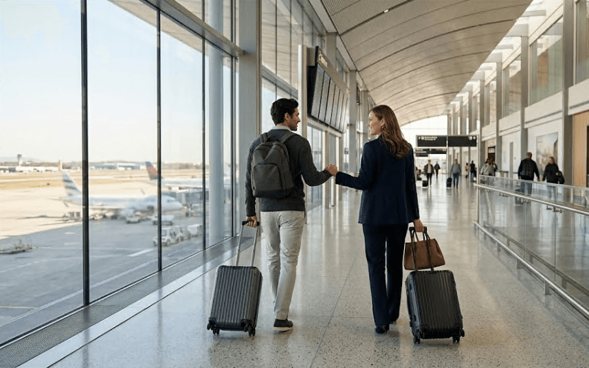 Two people parting at an airport terminal.
