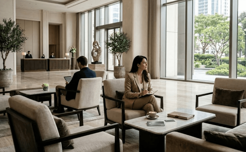 An elegant hotel lobby with seating.