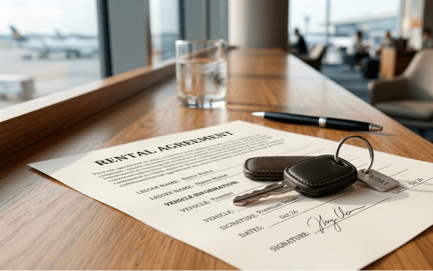 A set of car keys resting on a rental agreement.