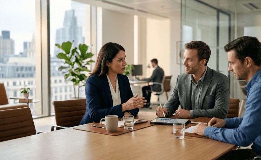 Colleagues working together in an office.