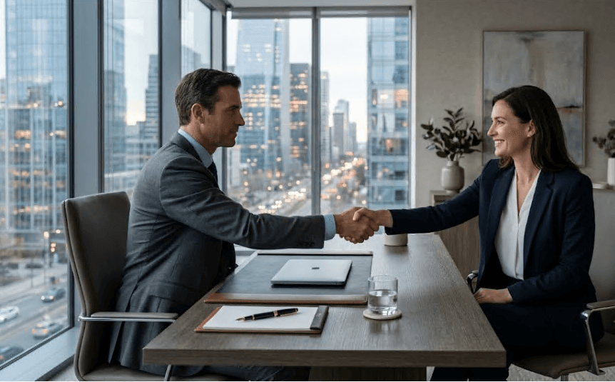 Two people shaking hands across a desk.