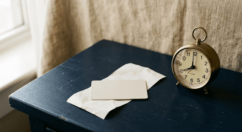 Hotel key card, receipt, and clock on a navy desk illustrating a 24-hour stay restriction