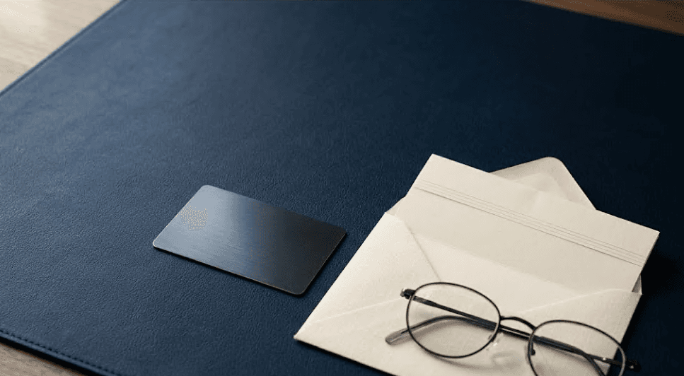 Credit card beside a formal bank letter on a navy desk, illustrating a credit limit reduction notice