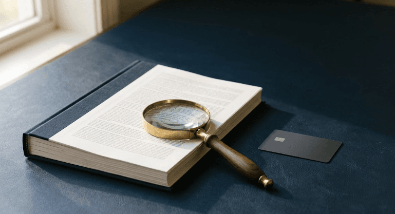 Magnifying glass over a credit card benefits document, illustrating a discrepancy in Ritz-Carlton card protections
