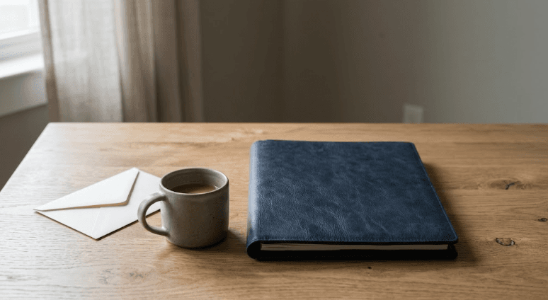 Navy portfolio and statement envelope on wood desk, soft natural light.
