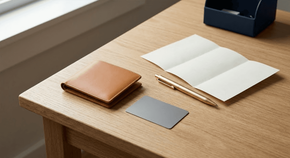 Credit card and account documentation resting on a dark desk surface.