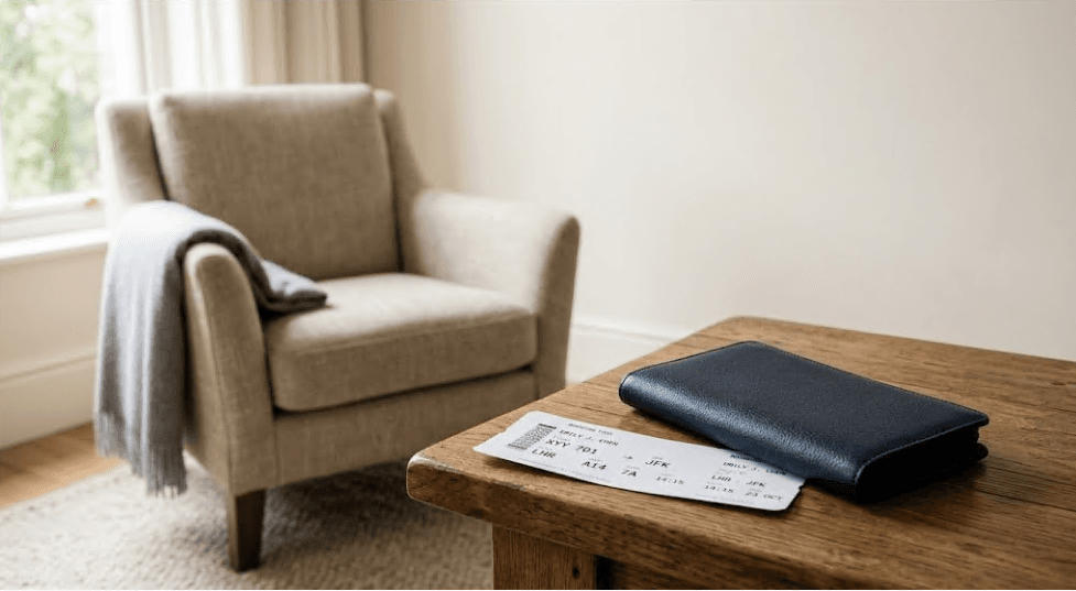 Empty airport lounge chair beside a navy travel wallet and boarding pass, illustrating the end of Chase Sapphire Lounge reservations in Phoenix.