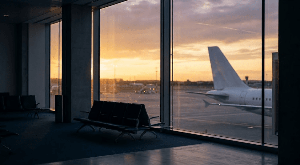 Minimalist view of an airport terminal window overlooking an airplane runway at sunset.