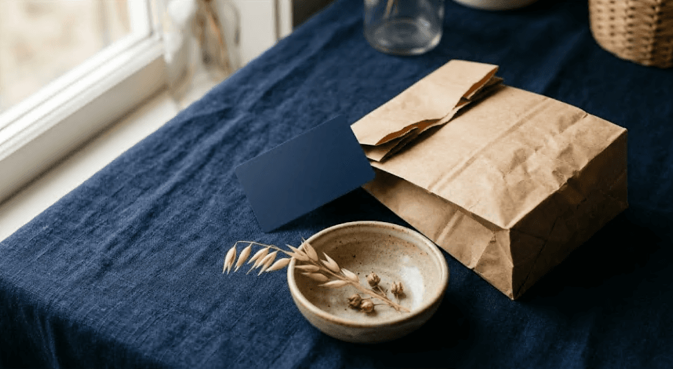 Navy credit card beside a paper takeout bag on a navy surface, illustrating the Chase Sapphire Reserve's larger monthly DoorDash promo.