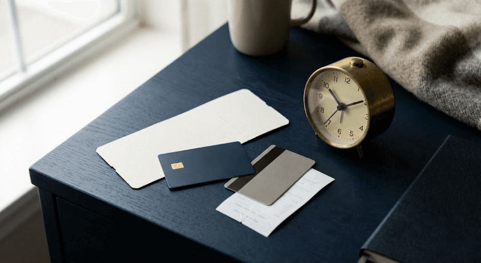 Boarding pass, hotel key card, receipt, and credit card beside a clock on a navy desk, illustrating trip delay coverage after the new DOT rule.