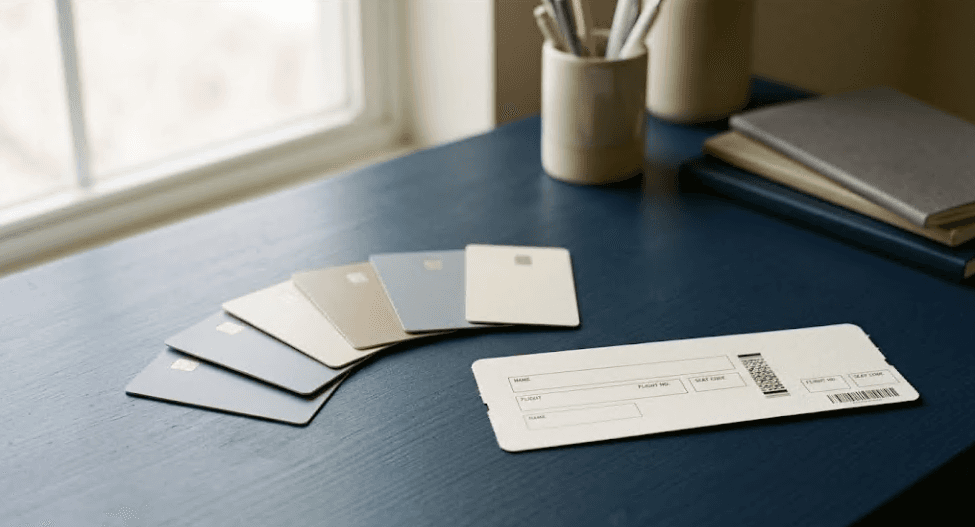 Six credit cards and a boarding pass on a quiet navy desk