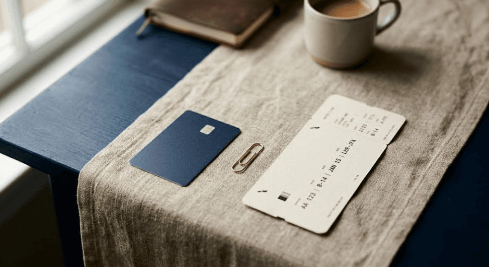 Hotel key card and boarding pass placed apart on a navy desk, illustrating the end of the American Airlines and Hyatt loyalty partnership