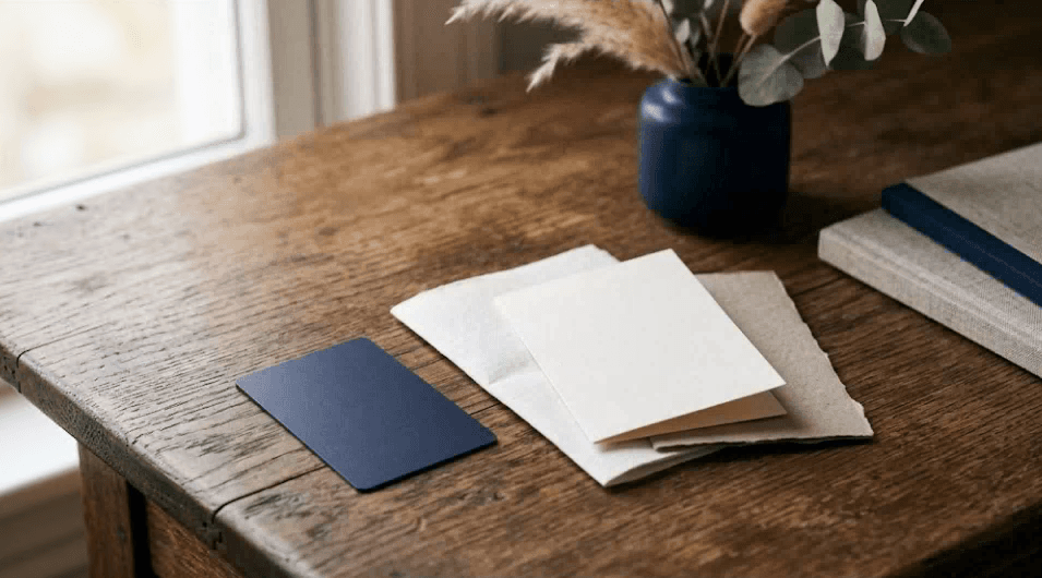 Hotel keycard resting on a wooden surface beside folded paper under soft light